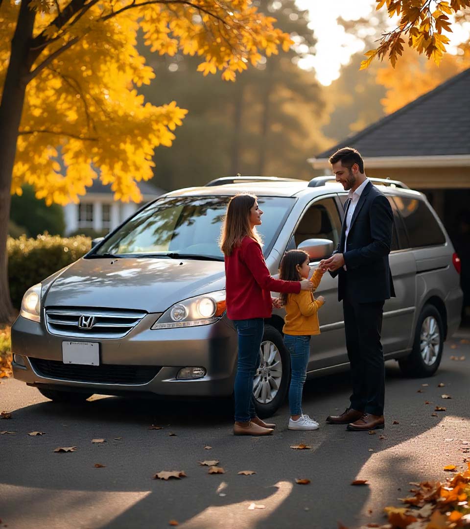 Eine Familie übergibt ein Auto an einen Händler beim Autoankauf Herrenberg vor dem Haus